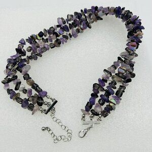 Amethyst Triple Strand Choker Necklace Nugget Silver Tone Adjustable 13.5-16 in